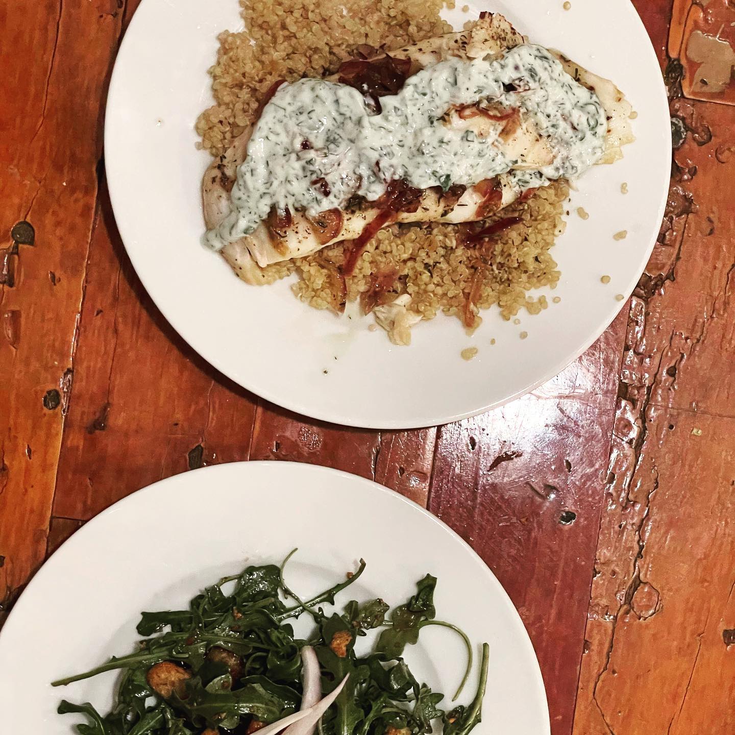 Full size image for Braised white fish with dill and herbs yogurt sauce.