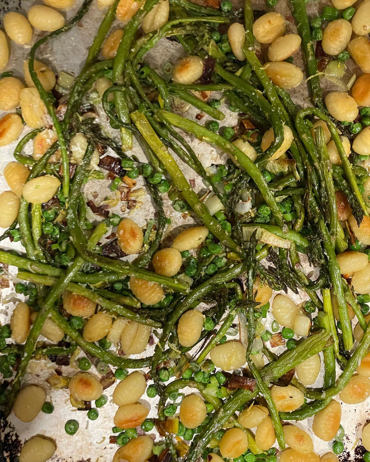 Full size image for Sheet pan gnocchi with asparagus, leaks and peas.