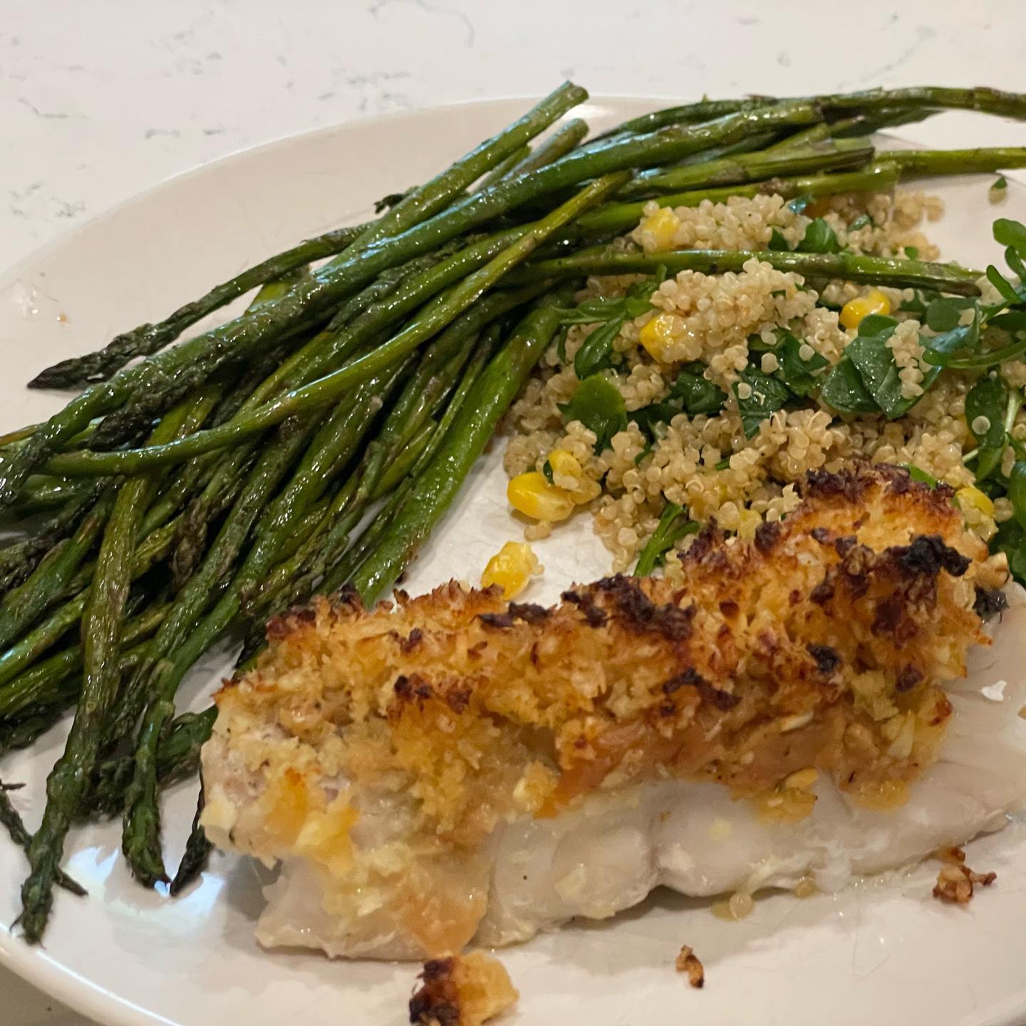 Full size image for Baked white fish with miso butter breadcrumbs.
