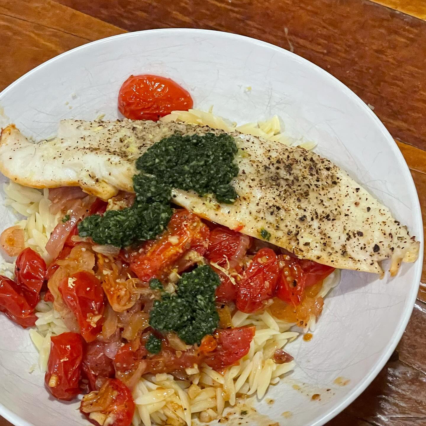 Full size image for One pan roasted fish with cherry tomatoes.