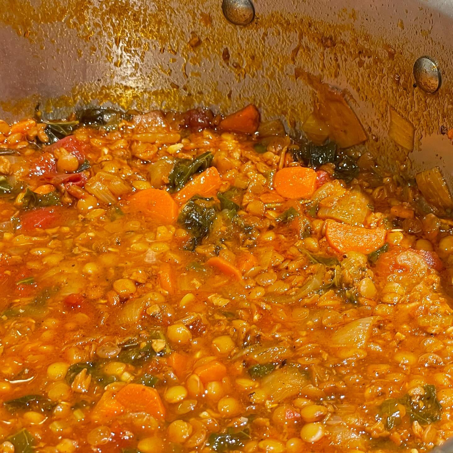 Full size image for Spicy chorizo and red lentil soup with kale.